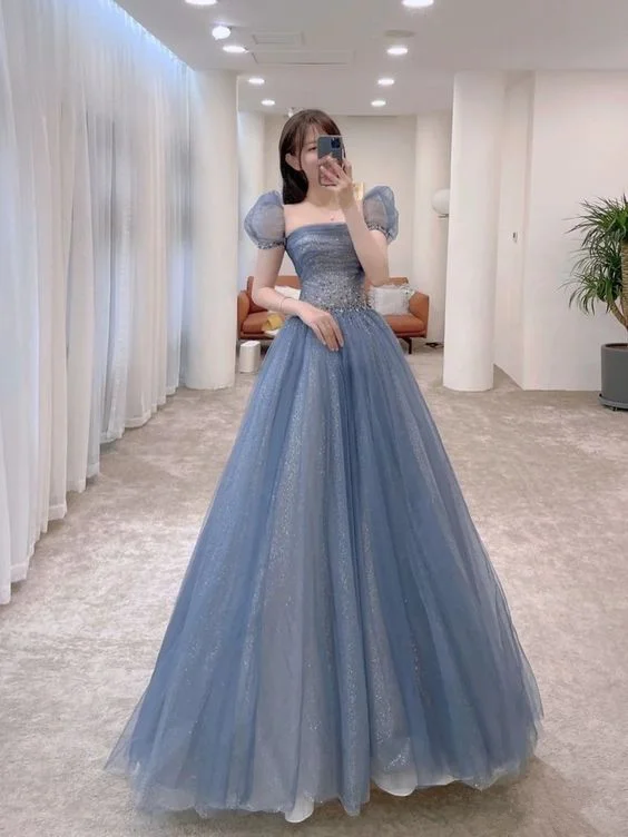 A-line Blue Tulle Long Prom Dress Bubble Sleeves Y271 Tulle Dress Simple