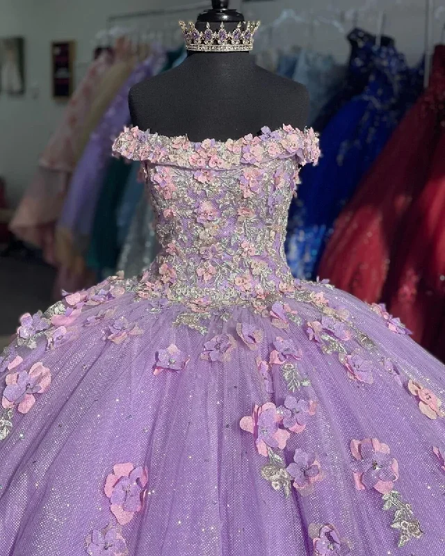 Applique Off Shoulder Shiny Elegant Tulle Ball Gown 3D Flowers Princess Dress Sweet 15th Y285 Tulle Dress Charm