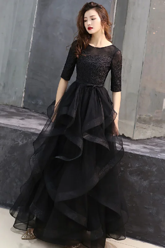 Black round neck tulle lace long prom dress, black formal dress Y255 A-line Tulle Gown