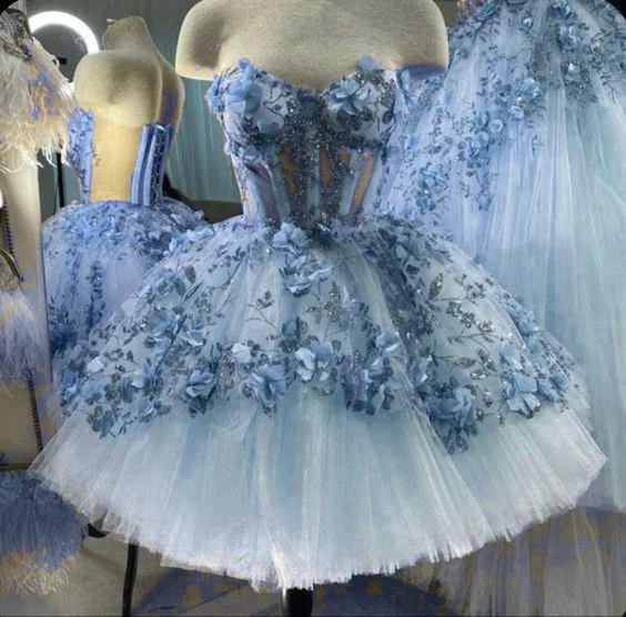 Blue Tulle Short Homecoming Dress With 3D Flowers Y38 Boho Tulle Dress