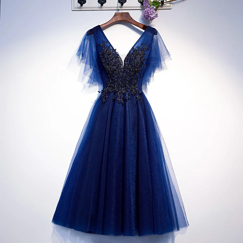 Blue v neck tulle short homecoming dress s94 Tulle Dress Formal