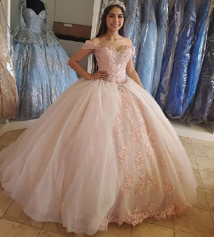 Blush Pink Puffy Sweet 16 Off Shoulder Ball Gowns Sixteen Beaded Crystal Light Pink Tulle Quinceanera Dress Princess Prom Dresses S27021 Tulle Cocktail Dress