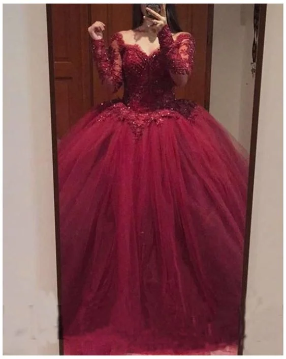 Burgundy Lace Appliques Long Sleeves Tulle Ball Gowns Prom Dresses S20959 Tulle Dress Occasion