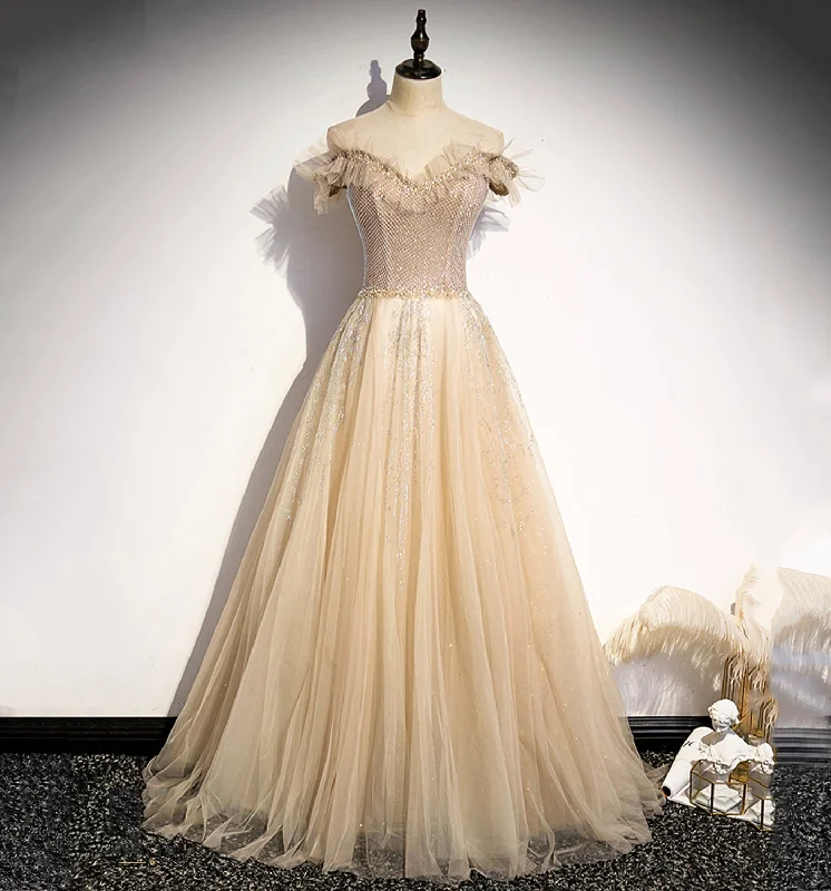 Champagne tulle beads long prom dress formal dress s73 Tulle Wedding Gown