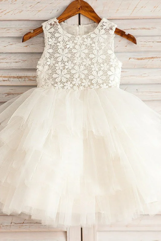 Cute Ball Gown White Lace and Tulle Flower Girl Dress Long Sleeve Tulle