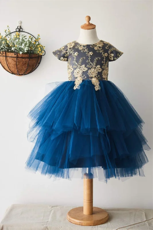 Cute Blue Tiered Tulle Flower Girl Dress with Appliques Tulle Bridesmaid Dress