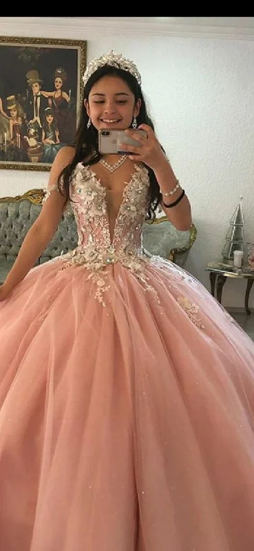 Deep V Neck Pink Tulle Ball Gown Princess Dress Y583 Tulle Party Gown