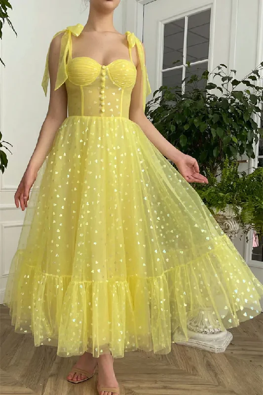 Elegant Yellow Tulle Tea Length Prom Dress, Sweetheart Neck Yellow Formal Graduation Dress Y208 Tulle Lace Gown