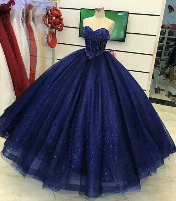 Gorgeous Beading Sweetheart neck Tulle Prom Dresses, Blue Ball Gown S16691 Bohemian Tulle Dress