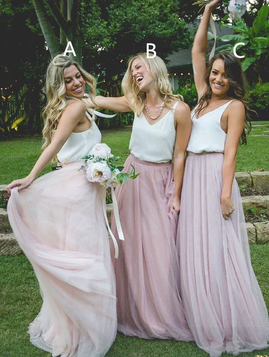 Gorgeous Two Piece Pink Tulle Long Bridesmaid Dress with White Top Tulle Dress Glow