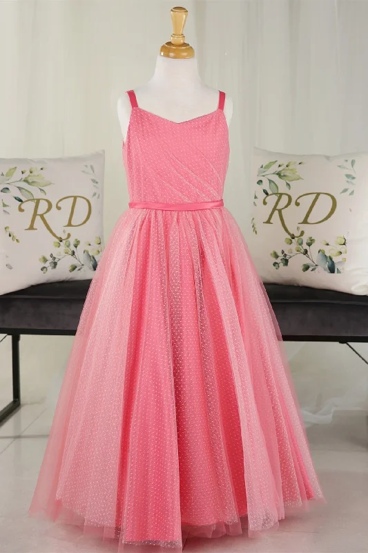 Hot Pink Straps Dot Pleated Tulle Long Flower Girl Dress Tulle Dress Trendy