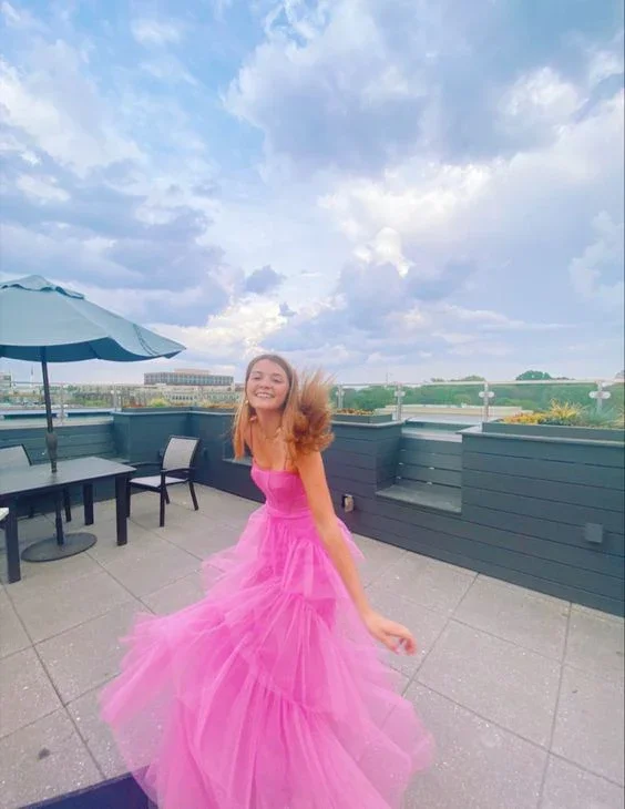 Hot Pink Tulle Spaghetti Straps Prom Dress, Floor Length Tulle Formal Dress Y144 Chic Tulle Dress