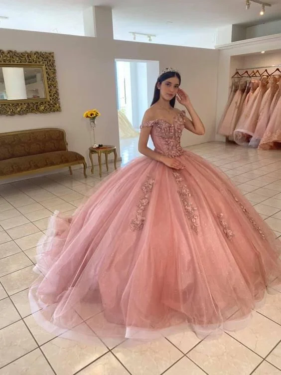 Off The Shoulder Pink Tulle Ball Gown Sweet 16 Dress Princess Dress Y582 Pink Tulle Gown