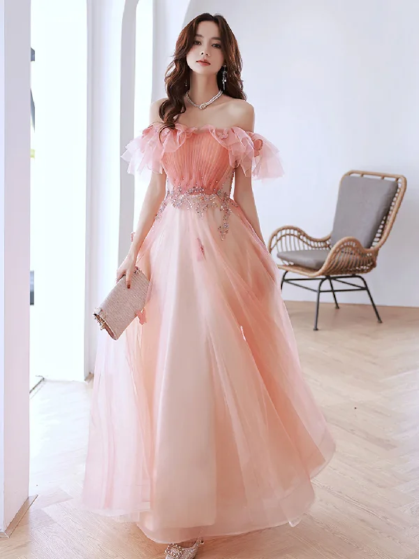 Pink Off Shoulder Tulle Long Prom Dress, Pink Tulle Formal Dress Y584 Pretty Tulle Dress