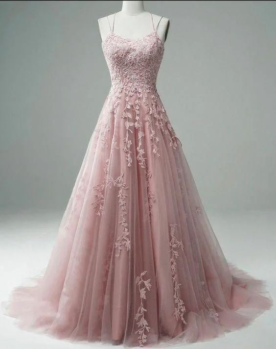 Pink Spaghetti Straps Tulle Appliques Prom Dress Senior Prom Dress Y40 Tulle Bodycon Dress