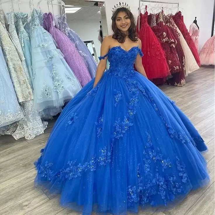 Royal Blue Off-Shoulder Ball Gown Quinceanera Dresses Fashion 3D Flower Tulle Sweet 16 Princess Dress Y524 Tulle A-line Dress