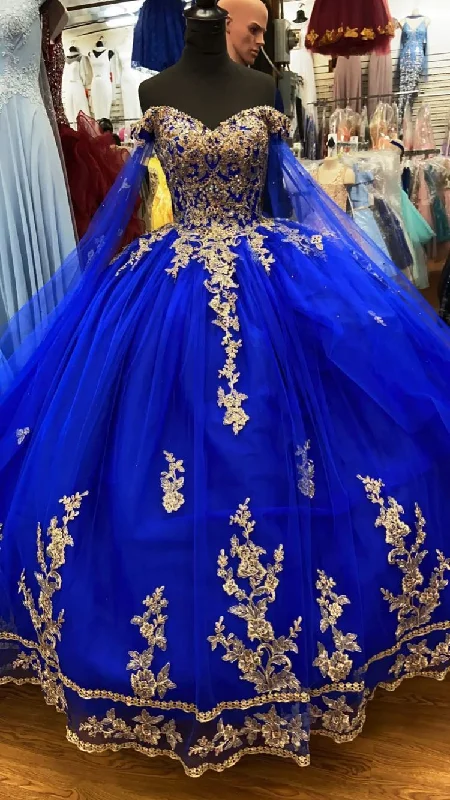 Royal Blue Tulle Ball Gown With Gold Lace Sweet 16 Dress Y530 Romantic Tulle Dress