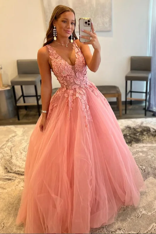 V Neck Open Back Beaded Pink Lace Long Prom Dresses, Pink Tulle Formal Dresses with Lace Appliques Y373 Tulle Dress Classic