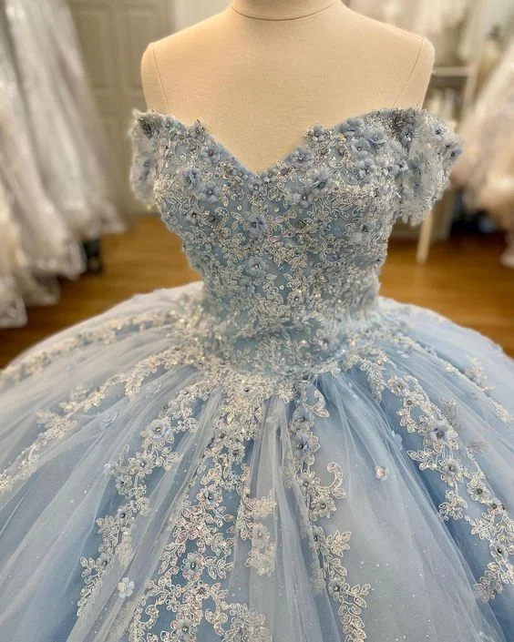 Winter Wonderland Blue Gown Dress Off The Shoulder Tulle Lace Appliques Ball Gown Y306 Pleated Tulle Dress