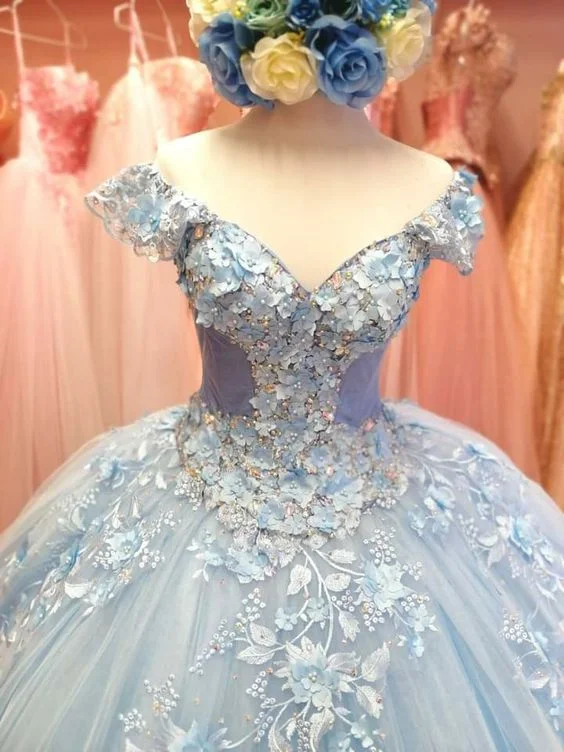 Winter Wonderland Light Blue Tulle Appliques Ball Gown Sweet 16 Dress Y601 Tulle Dress Color